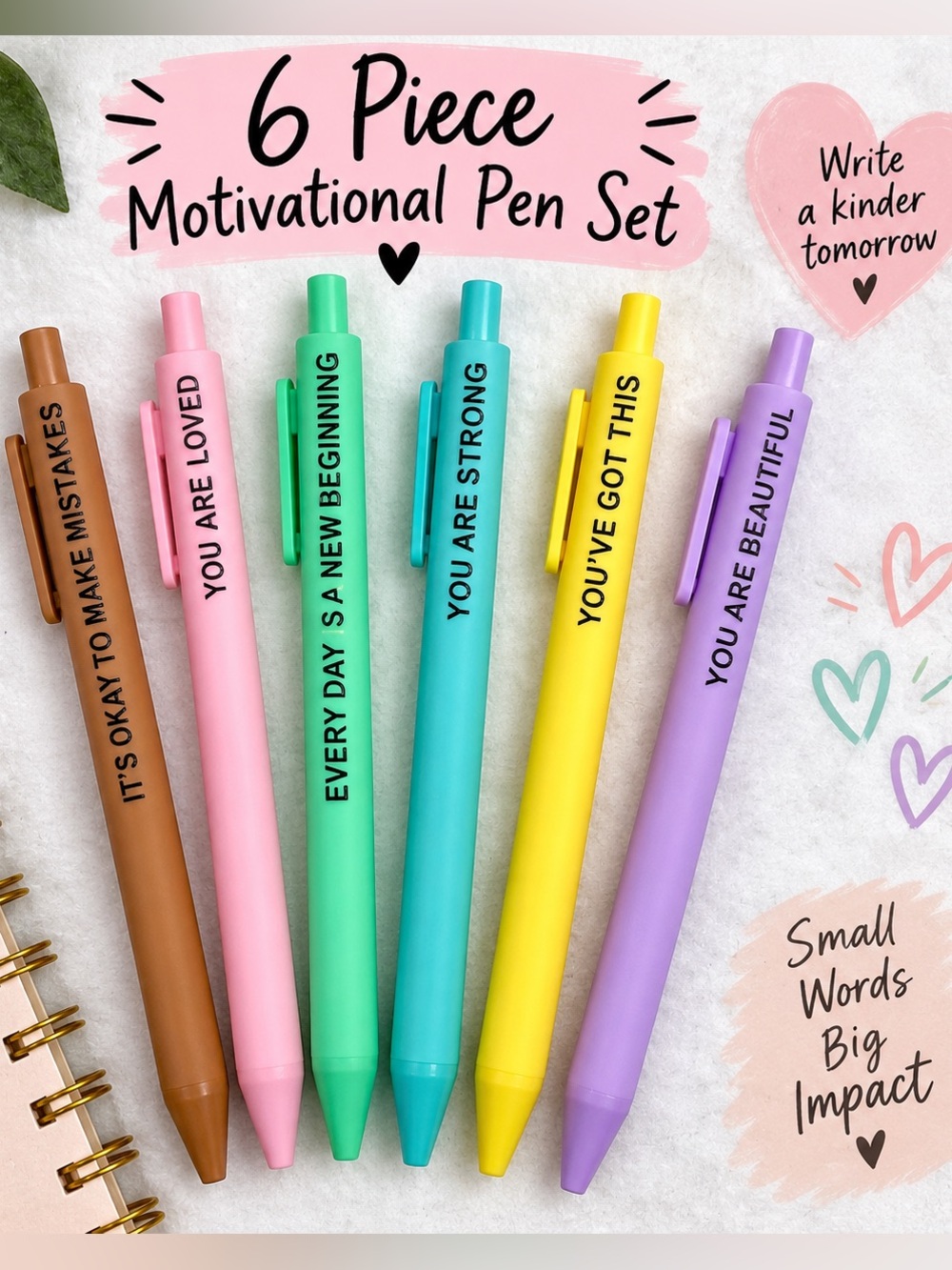 Motivational 6-Piece Pastel Pen Set - Assorted Colors